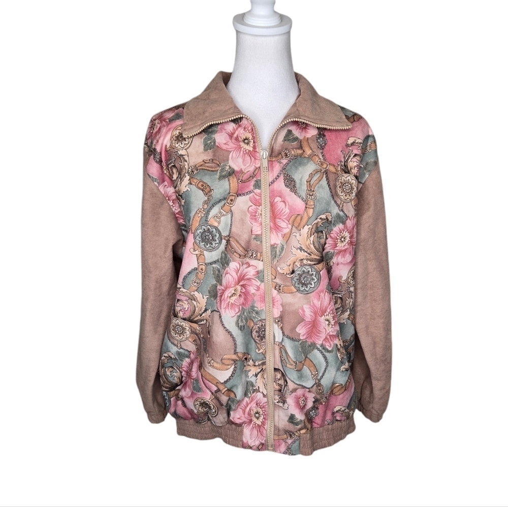 Vintage 80s Susan Christopher Lightweight Jacket Pink & Tan Sz S Floral Print